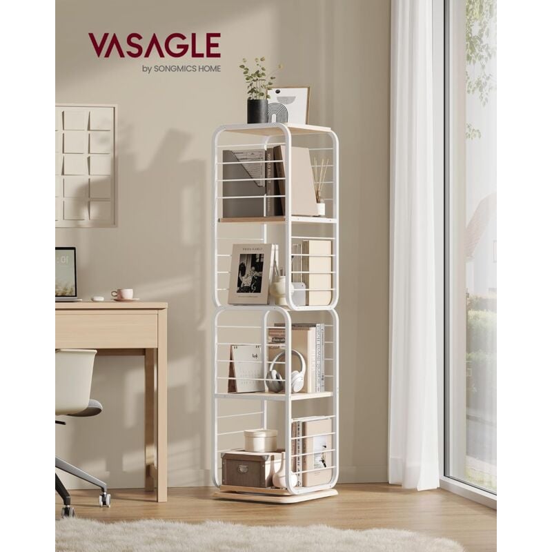 foto del prodotto vasagle libreria a 4 livelli, libreria rotante con fermalibri per piccoli spazi, mensola angolare, struttura in acciaio, beige naturale e bianco