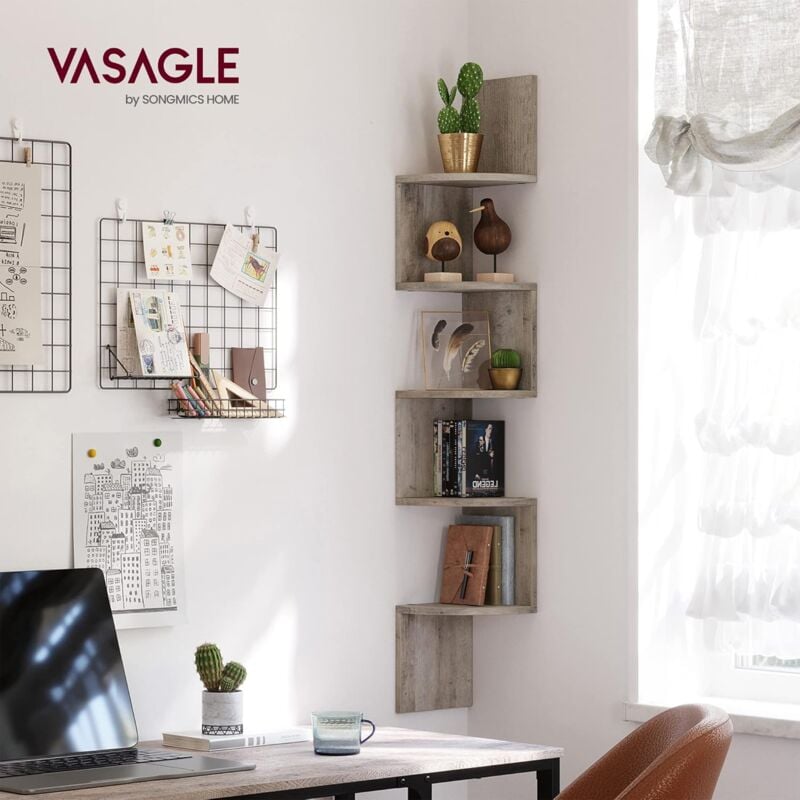 foto del prodotto vasagle libreria angolare, mensola angolare da muro, scaffale da parete a 5 ripiani, in camera da letto soggiorno bagno studio, porta piante, greige