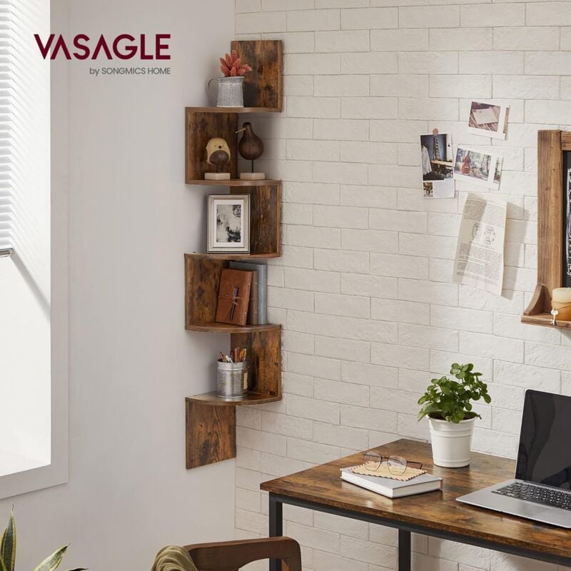 foto del prodotto vasagle libreria angolare, mensola angolare da muro, scaffale da parete a 5 ripiani, in camera da letto soggiorno bagno studio, porta piante, marrone