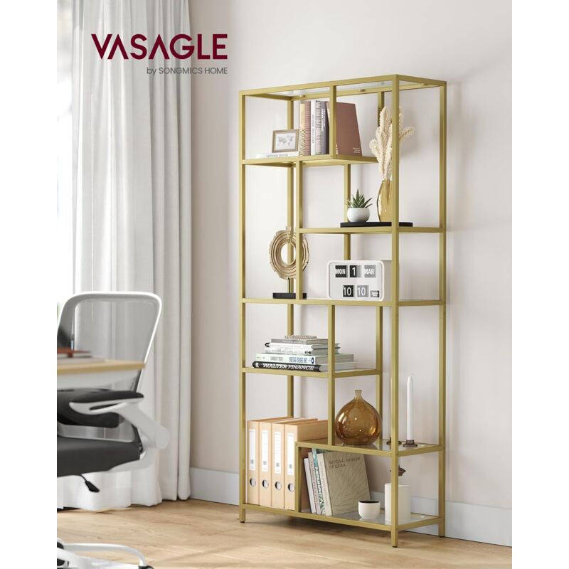 foto del prodotto vasagle libreria scaffale, libreria verticale a 6 ripiani, porta piante, 30 x 80 x 180 cm, vetro temperato, studio soggiorno camera da letto