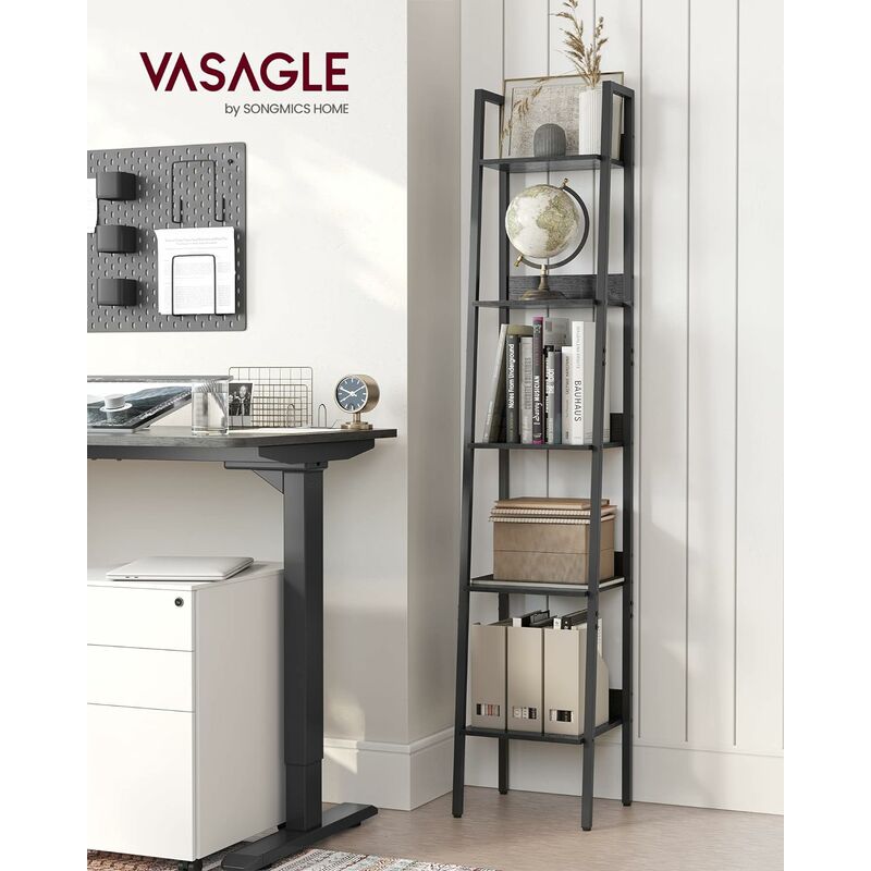 foto del prodotto vasagle libreria, scaffale salvaspazio a scala a 5 ripiani, studio ufficio soggiorno camera da letto cucina, stile industriale, nero effetto legno