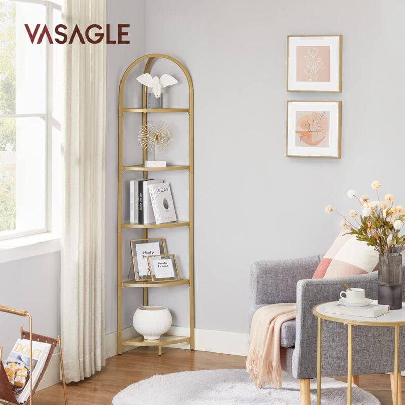 foto del prodotto vasagle mensola angolare a 5 ripiani, scaffale angolare, libreria in vetro temperato, antiruggine, soggiorno camera da letto cucina bagno, moderno,
