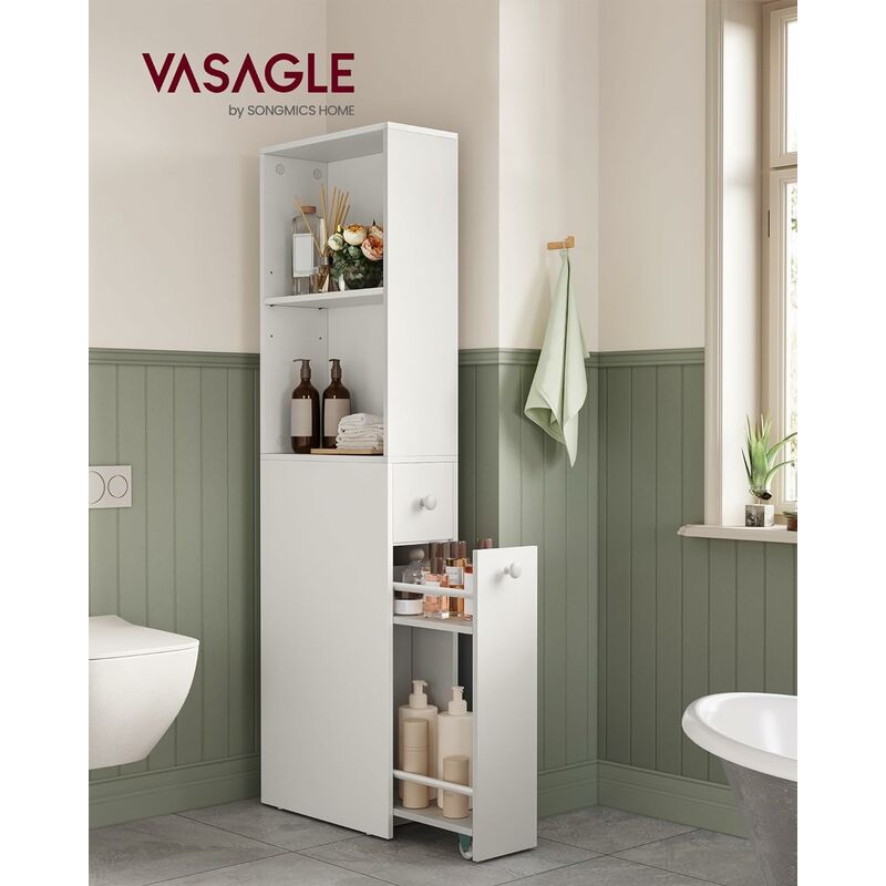 foto del prodotto vasagle mobile bagno alto, mobiletto bagno salvaspazio, colonna bagno con cassetti e ripiano regolabile, per spazi piccoli, stile moderno, bianco