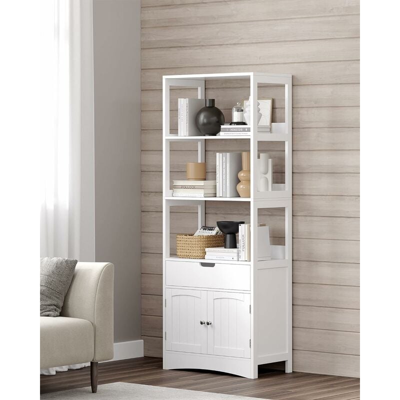 foto del prodotto vasagle mobile da bagno, mobiletto da bagno, mobile alto, con 3 ripiani aperti, 1 cassetto e 1 scomparto chiuso, 32,5 x 60 x 154 cm, per soggiorno
