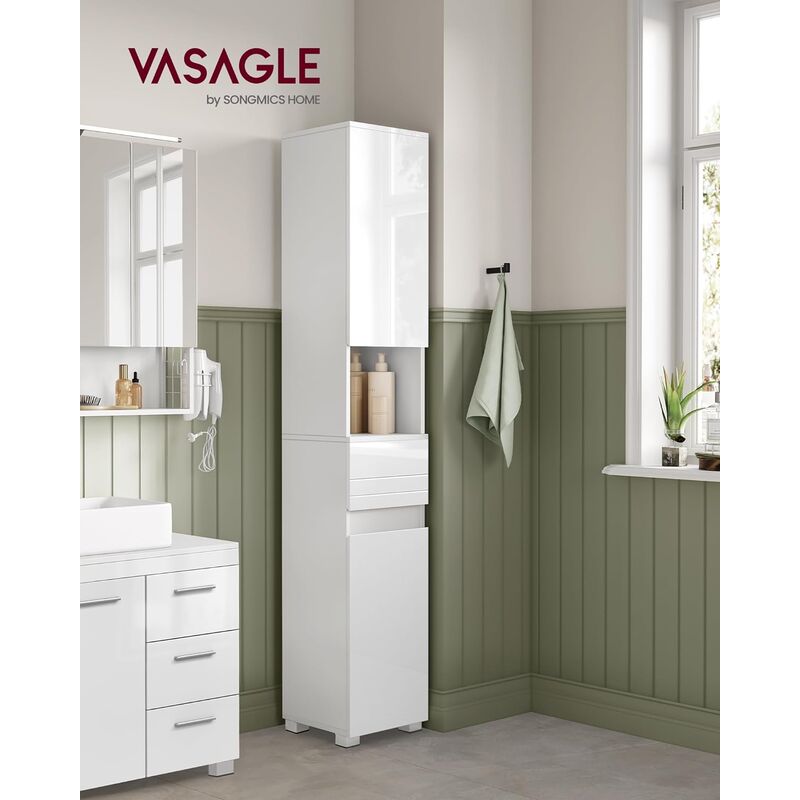 foto del prodotto vasagle mobile da bagno, mobiletto da bagno salvaspazio, armadietto da bagno a colonna, con cassetto, ripiano, scomparti con anta, ripiani