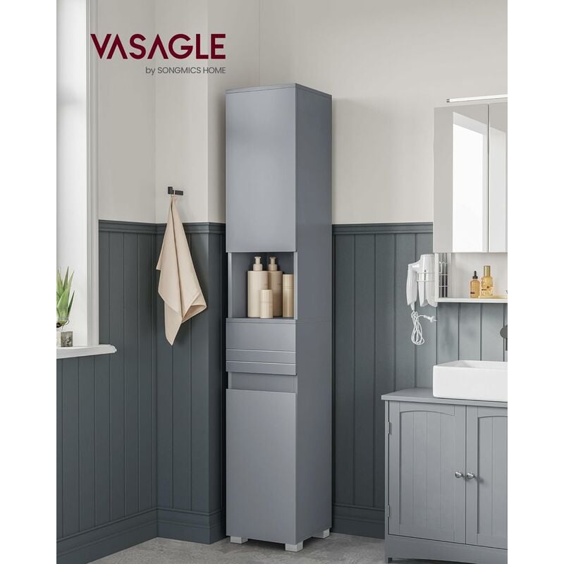 foto del prodotto vasagle mobile da bagno, mobiletto da bagno salvaspazio, armadietto da bagno a colonna, con cassetto, ripiano, scomparti con anta, ripiani