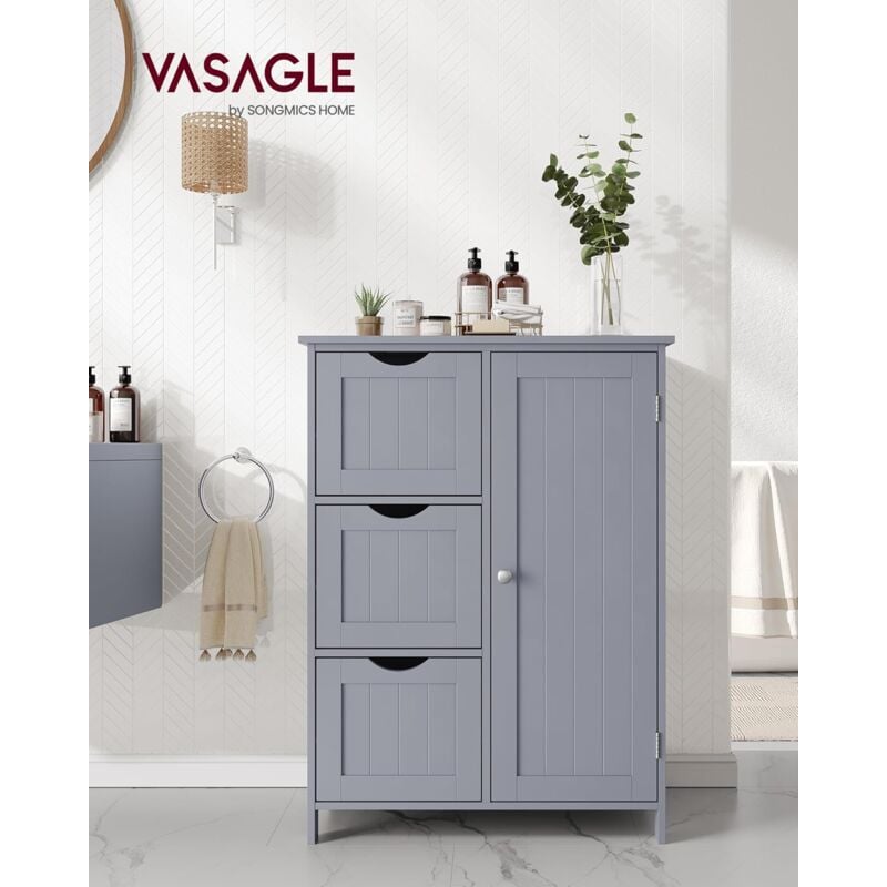 foto del prodotto vasagle mobile da bagno, mobiletto per bagno stretto, organizzatore, cassettiera, con 3 cassetti, anta, ripiano regolabile, 30 x 60 x 81 cm, grigio