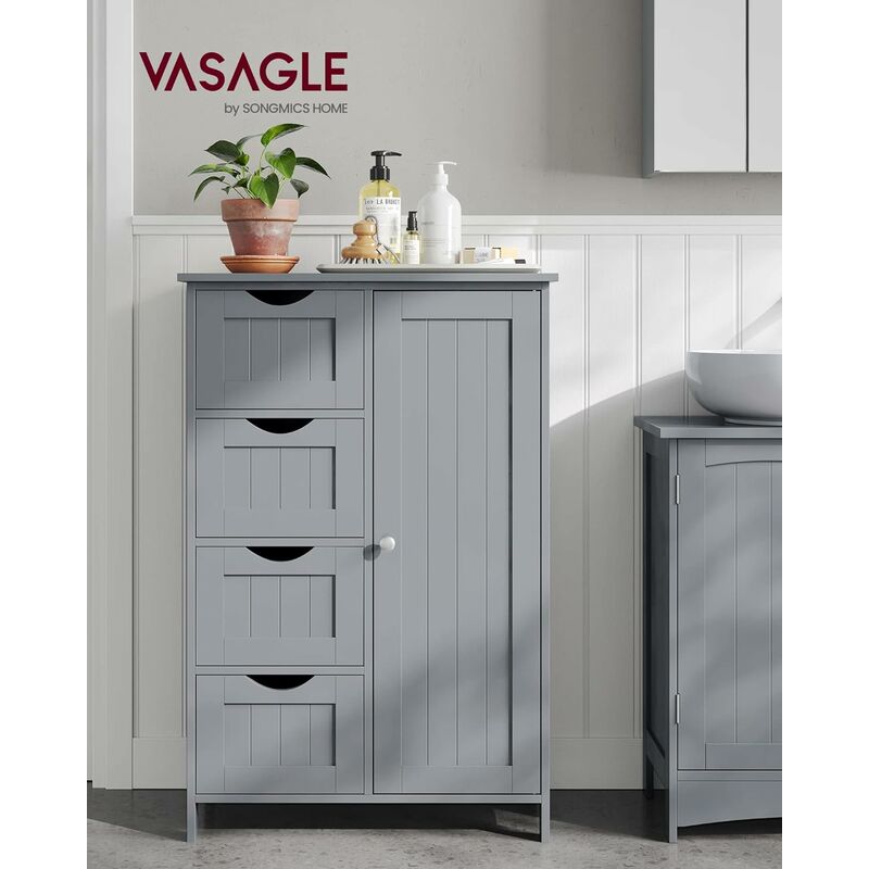 foto del prodotto vasagle mobile da bagno, mobiletto per bagno stretto, organizzatore, cassettiera, con 4 cassetti, anta, ripiano regolabile, 30 x 55 x 82 cm, grigio