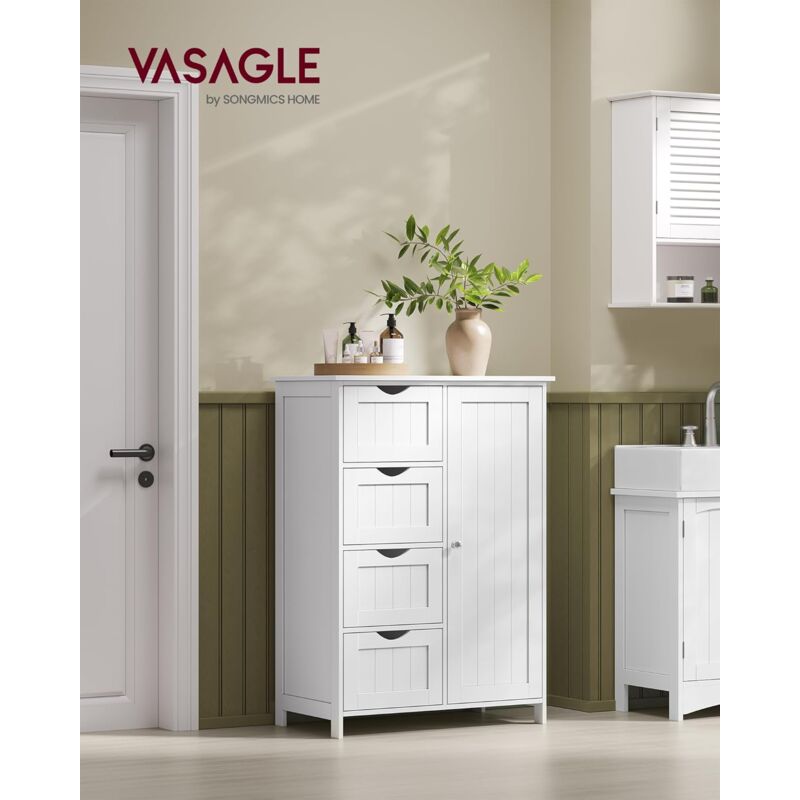 foto del prodotto vasagle mobile da bagno, mobiletto per bagno stretto, organizzatore, cassettiera, con 4 cassetti, anta, ripiano regolabile 35 x 65 x 90 cm, bianco