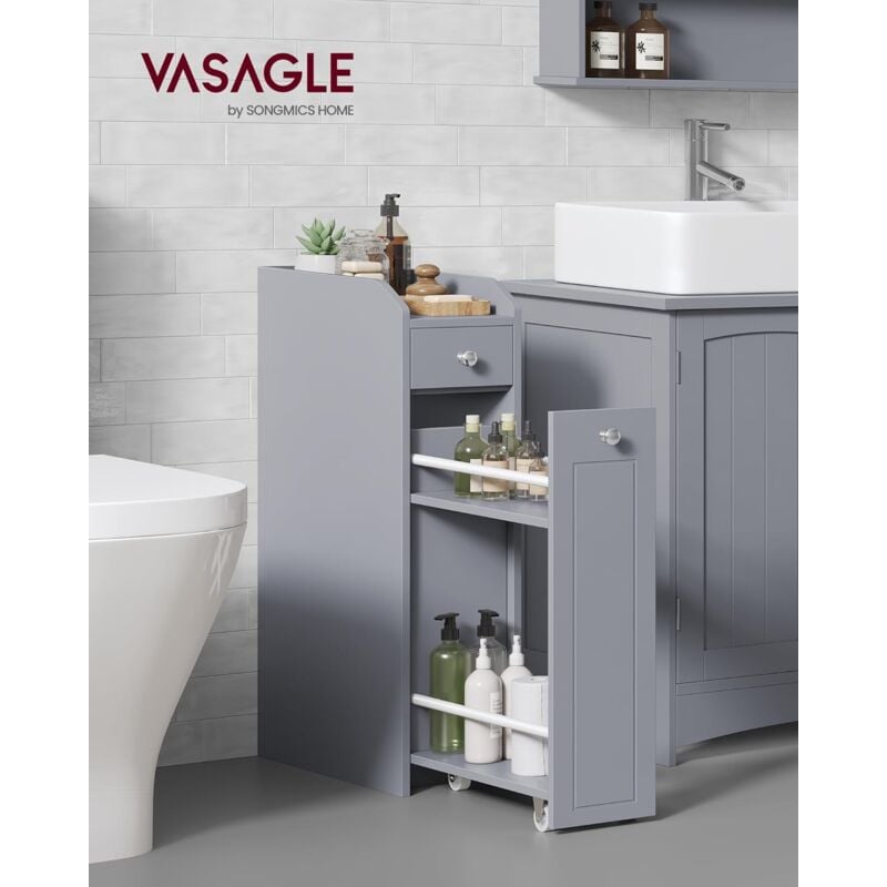 foto del prodotto vasagle mobile da bagno, mobiletto salvaspazio, mobiletto a colonna, porta carta igienica, con cassetti, per piccoli spazi, grigio tortora