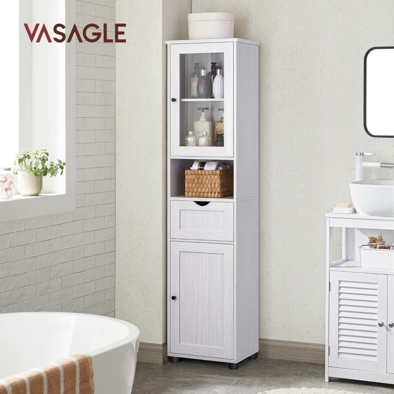 foto del prodotto vasagle mobile da bagno salvaspazio, mobile a colonna, mobile alto, ripiano aperto, anta in vetro, mobiletto bagno con piedini, ripiani regolabili