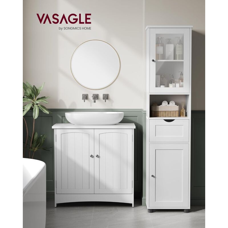 foto del prodotto vasagle mobile da bagno salvaspazio, mobile a colonna, mobile alto, ripiano aperto, anta in vetro, mobiletto bagno con piedini, ripiani regolabili