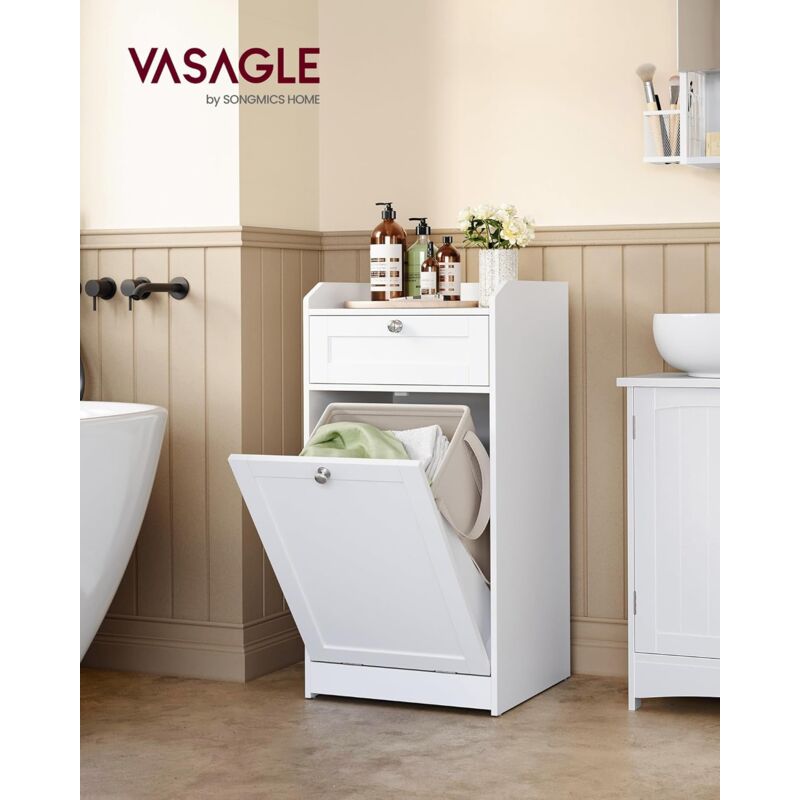 foto del prodotto vasagle mobile portabiancheria per bagno, mobiletto bagno con 1 cassetto e 1 cesto portabiancheria, sacco interno rimovibile con maniglie, 40 x 40