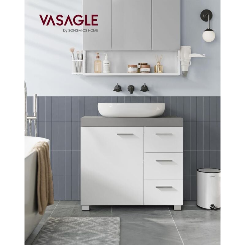 foto del prodotto vasagle mobile sottolavabo per bagno, mobiletto da bagno, 3 cassetti laterali, 2 scomparti dietro l anta, con piedini, 30 x 70 x 64 cm, bianco