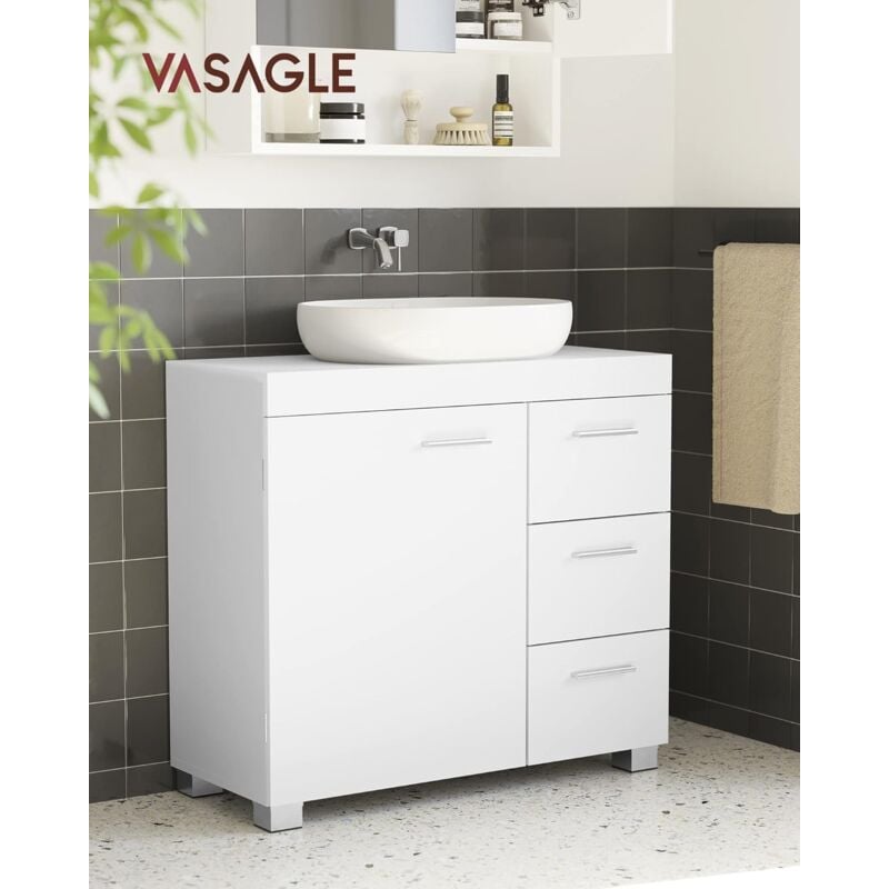 foto del prodotto vasagle mobile sottolavabo per bagno, mobiletto da bagno, 3 cassetti laterali, 2 scomparti dietro l anta, per lavabi con colonna, con piedini, 30 x