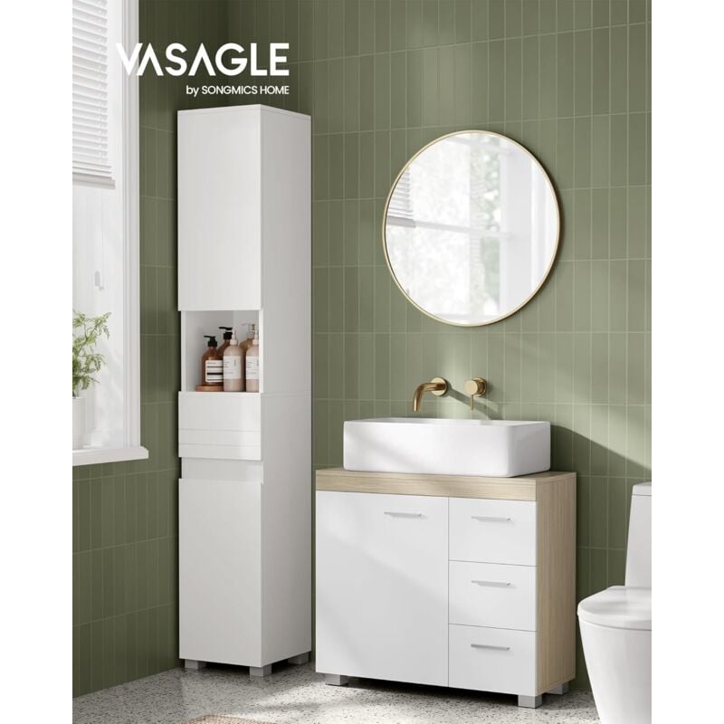 foto del prodotto vasagle mobile sottolavabo per bagno, mobiletto da bagno, 3 cassetti laterali, 2 scomparti dietro l anta, per lavabi con colonna, con piedini, 30 x