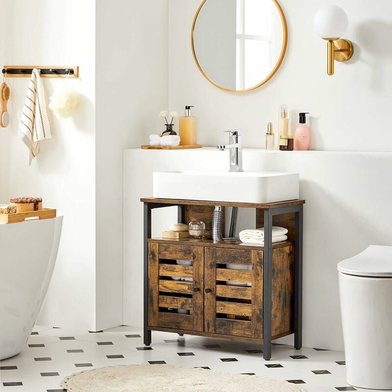 foto del prodotto vasagle mobile sottolavello, armadio bagno, armadio, 60 x 30 x 60 cm, con telaio in acciaio, ante a persiane, tavola regolabile, stile industriale,