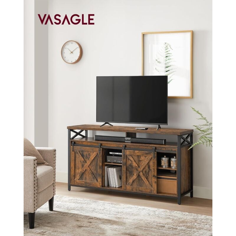 foto del prodotto vasagle mobile tv per televisore fino a 65 pollici, tavolino porta tv con ripiani regolabili, ante stile fienile, vintage, struttura in metallo,