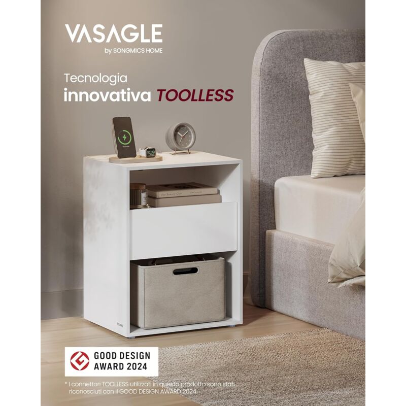 foto del prodotto vasagle montaggio rapido senza utensili toolless, set di 2 comodini, tavolino con stazione di ricarica, design moderno minimalista, cassetto, per
