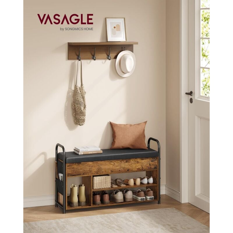foto del prodotto vasagle panca scarpiera, scaffale portascarpe, mobili da ingresso, scomparto portaoggetti sotto coperchio, tasche di pu, comode maniglie,marrone