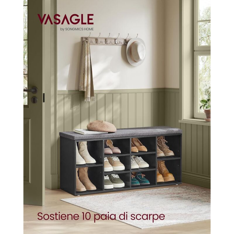 foto del prodotto vasagle panca scarpiera, scarpiera con seduta, scarpiera ingresso con cuscino e 10 scomparti, ripiani regolabili, corridoio soggiorno, 30 x 104 x