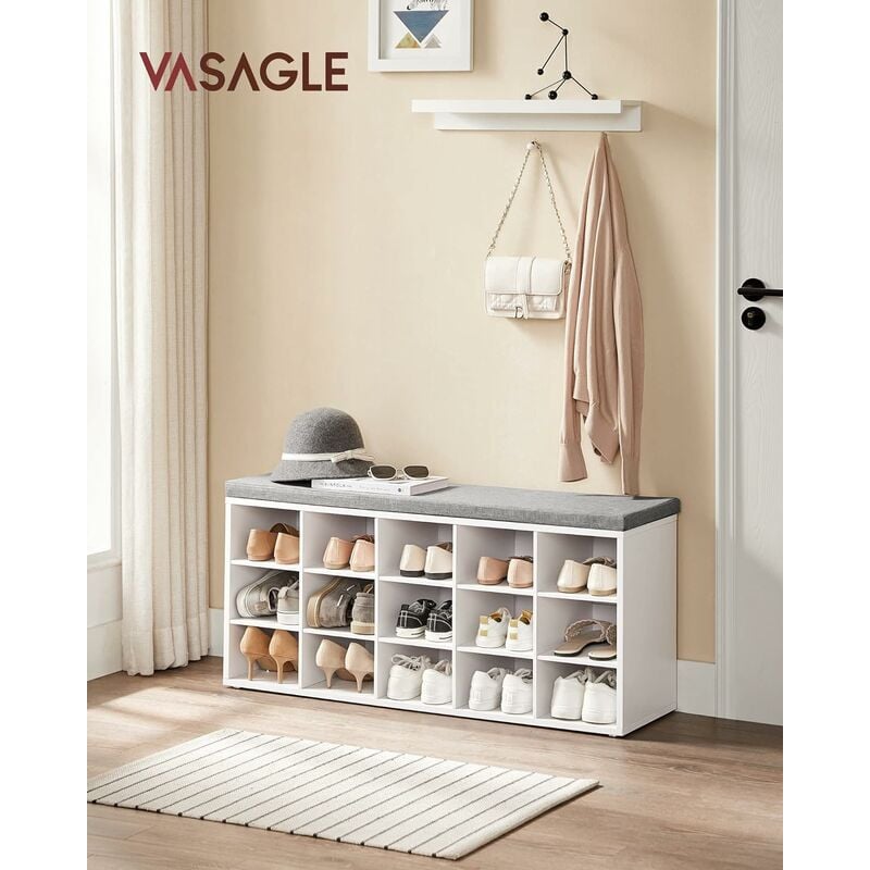 foto del prodotto vasagle panca scarpiera, scarpiera ingresso con seduta imbottita e 15 scomparti, scaffale porta scarpe da ingresso, regge fino a 200 kg, bianco e
