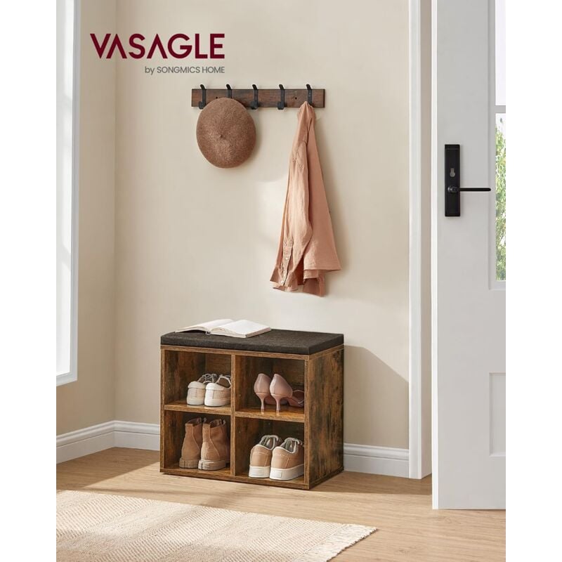 foto del prodotto vasagle panca scarpiera, scarpiera ingresso con seduta imbottita e 4 scomparti, scaffale porta scarpe da ingresso, 30,5 x 59,6 x 48 cm, marrone