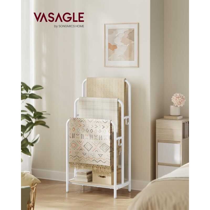 foto del prodotto vasagle portasciugamani da terra, porta asciugamani a 3 aste, 50 x 30 x 100 cm, 2 ganci, ripiano portaoggetti, scaffale per coperta, teli bagno,