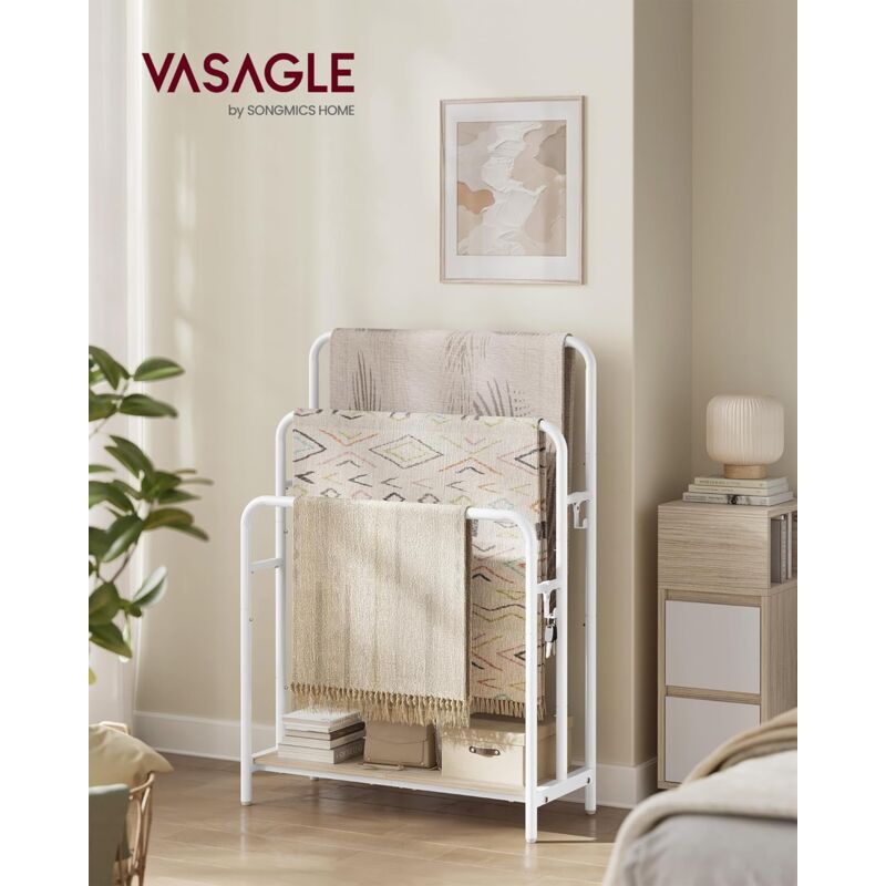 foto del prodotto vasagle portasciugamani da terra, porta asciugamani a 3 aste, 70 x 30 x 100 cm, 2 ganci, ripiano portaoggetti, scaffale per coperta, teli bagno,