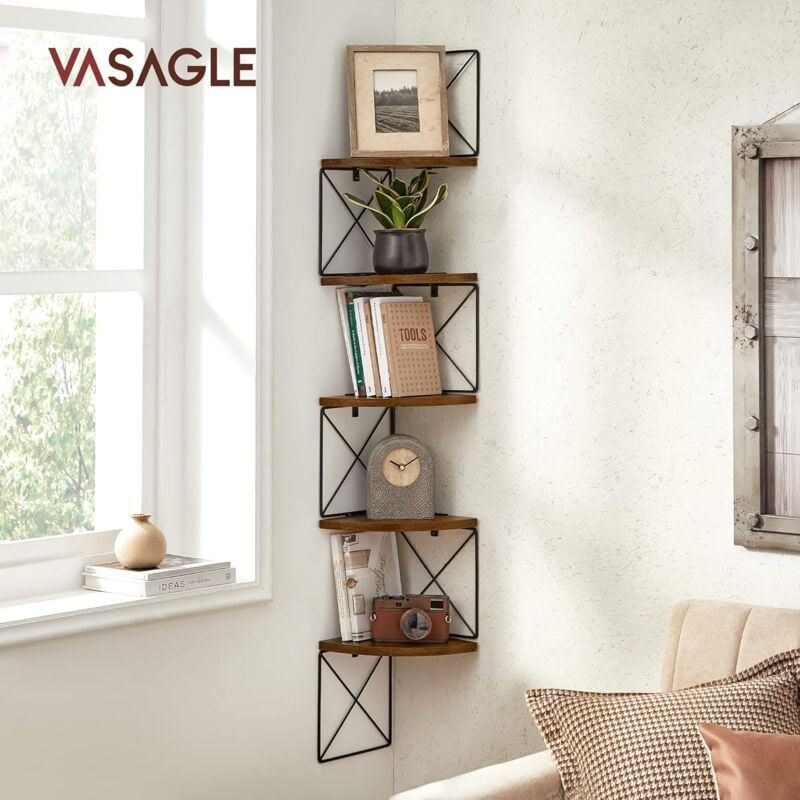 foto del prodotto vasagle scaffale angolare a parete con 5 ripiani, libreria angolare, mensole da muro ad angolo, montaggio facile, per camera da letto soggiorno bagno