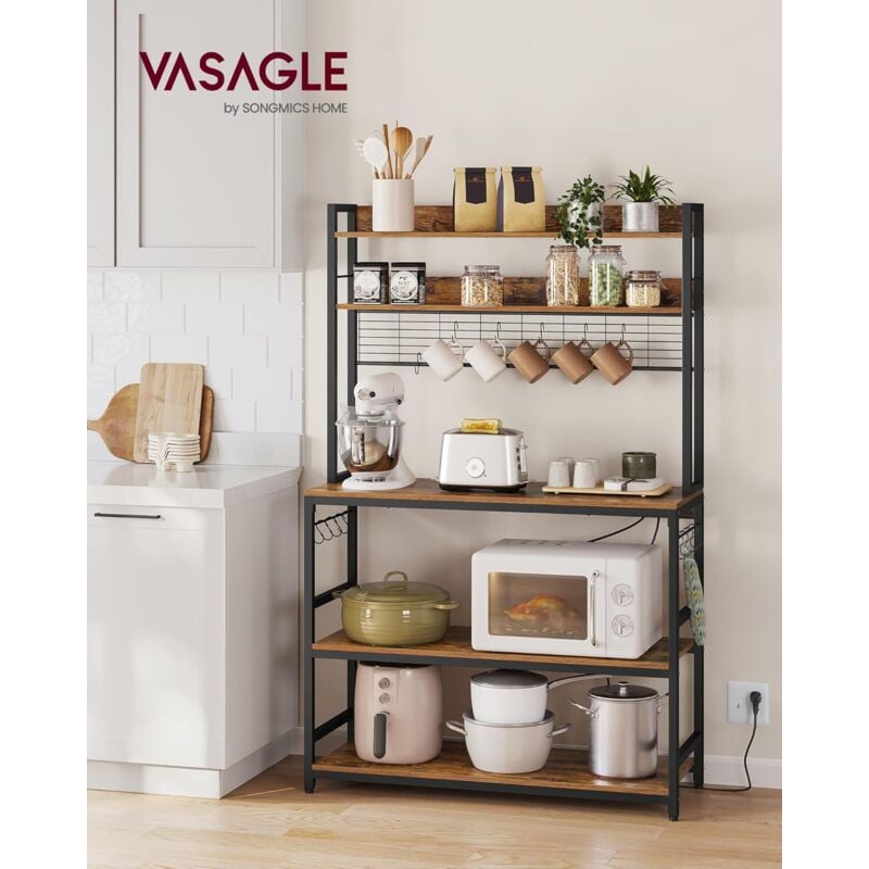 foto del prodotto vasagle scaffale cucina con multipresa, scaffale per microonde, mobile cucina, con pannello a rete metallica, 14 ganci, 40 x 100 x 170 cm, marrone