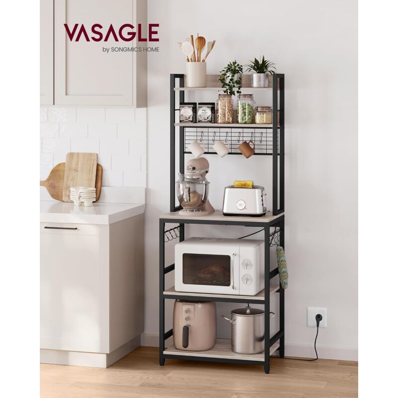foto del prodotto vasagle scaffale cucina con multipresa, scaffale per microonde, mobile cucina, con pannello a rete metallica, 14 ganci, 40 x 60 x 170 cm, greige e