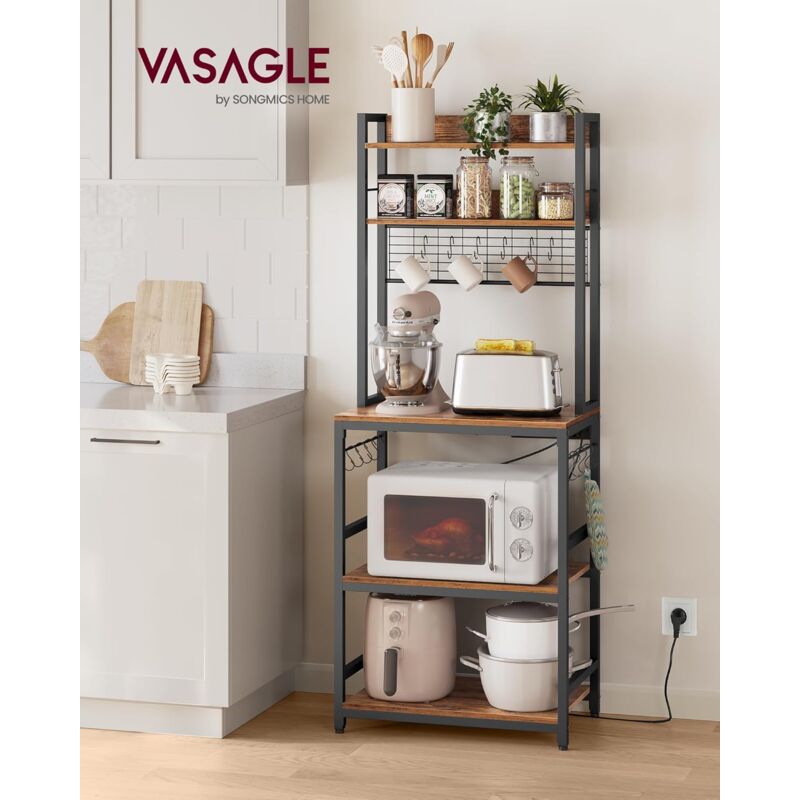 foto del prodotto vasagle scaffale cucina con multipresa, scaffale per microonde, mobile cucina, con pannello a rete metallica, 14 ganci, 40 x 60 x 170 cm, marrone