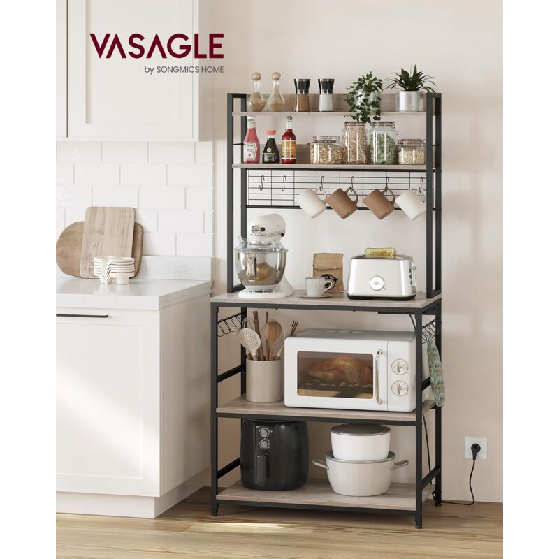 foto del prodotto vasagle scaffale cucina con multipresa, scaffale per microonde, mobile cucina, con pannello a rete metallica, 14 ganci, 40 x 80 x 170 cm, greige e
