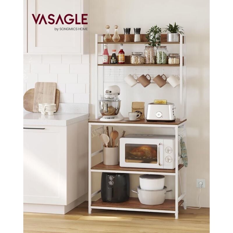 foto del prodotto vasagle scaffale cucina con multipresa, scaffale per microonde, mobile cucina, con pannello a rete metallica, 14 ganci, 40 x 80 x 170 cm, noce