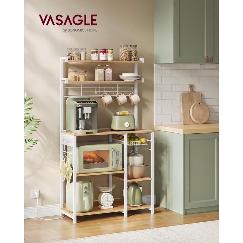 foto del prodotto vasagle scaffale cucina con prese di corrente, scaffale per microonde, 4 prese ac, ripiani regolabili, 8 ganci a s, mobile cucina, portaspezie,