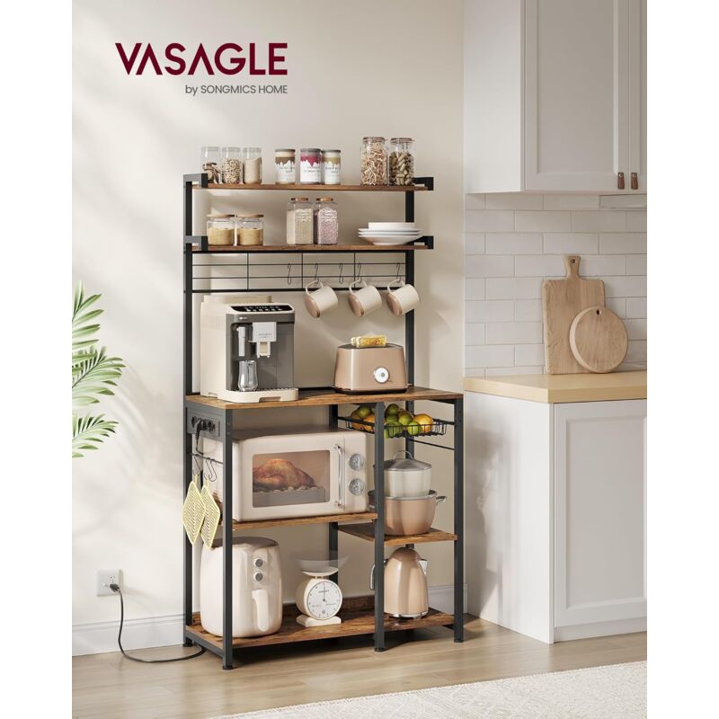 foto del prodotto vasagle scaffale cucina con prese di corrente, scaffale per microonde, 4 prese ac, ripiani regolabili, 8 ganci a s, mobile cucina, portaspezie,