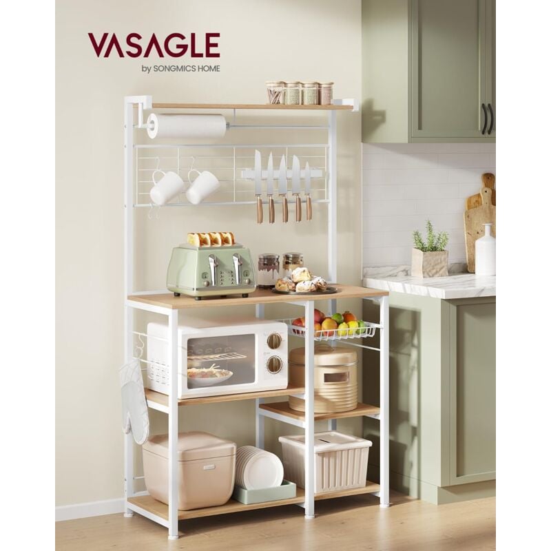 foto del prodotto vasagle scaffale cucina, scaffale per microonde, mobile cucina con portacoltelli magnetico, cestino, portarotolo, 12 ganci, rovere dorato e bianco
