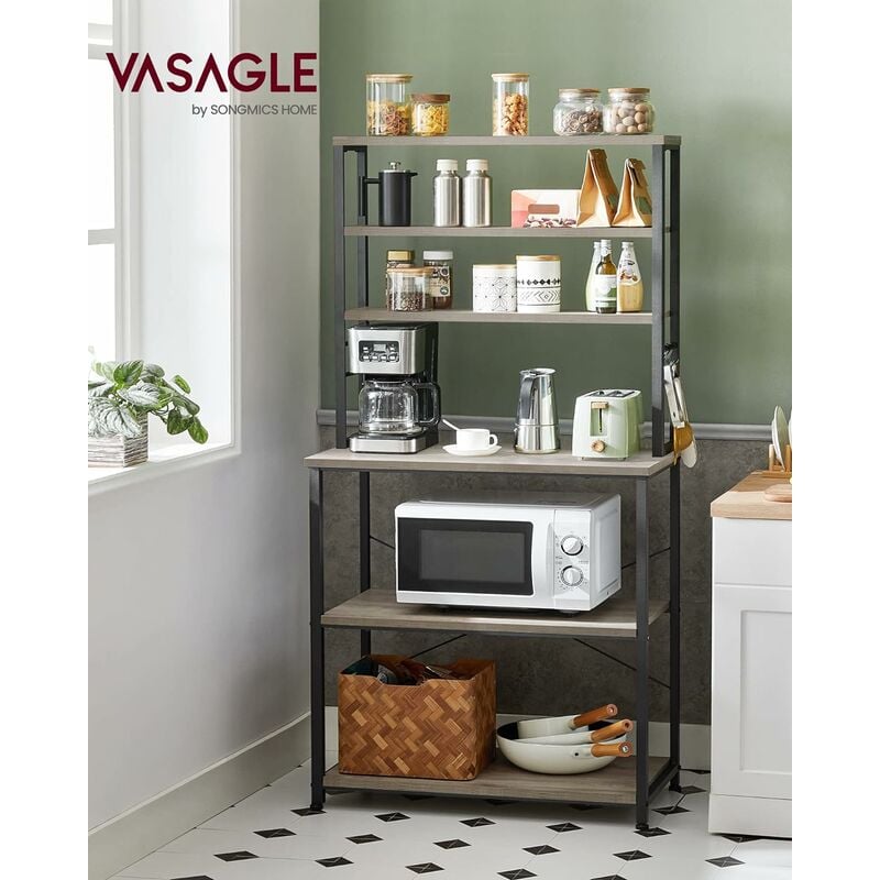 foto del prodotto vasagle scaffale da cucina, bar, scaffale da panetteria, portaoggetti a 6 ripiani con 6 ganci, per microonde, struttura in acciaio, industriale, 40