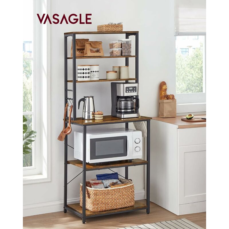 foto del prodotto vasagle scaffale da cucina, bar, scaffale da panetteria, portaoggetti a 6 ripiani con 6 ganci, per microonde, struttura in acciaio, industriale, 40