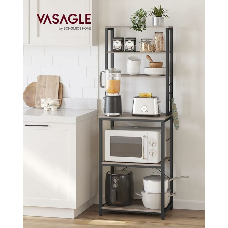 foto del prodotto vasagle scaffale da cucina, bar, scaffale da panetteria, portaoggetti a 6 ripiani con 6 ganci, per microonde, struttura in acciaio, industriale, 40