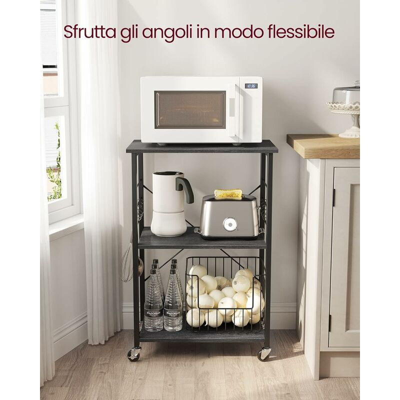 foto del prodotto vasagle scaffale da cucina con rotelle, carrello di servizio con 3 ripiani, scaffale per microonde, forno, tostapane, struttura metallica con 6