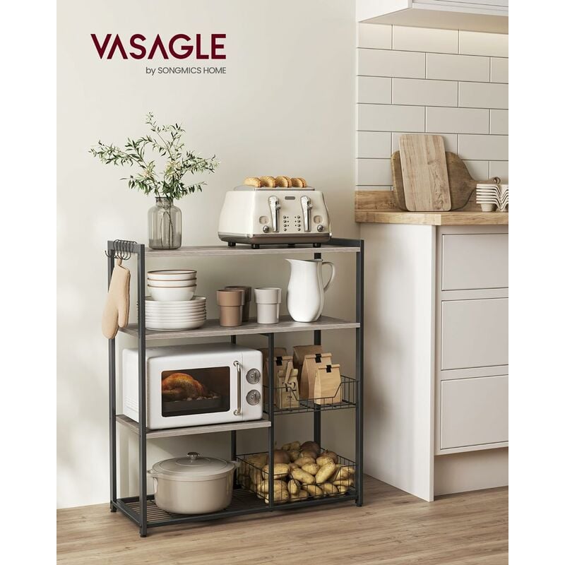 foto del prodotto vasagle scaffale per microonde con 2 cesti in rete metallica, scaffale da cucina con piano d appoggio, ripiani e ganci, 35 x 80 x 95 cm, greige e