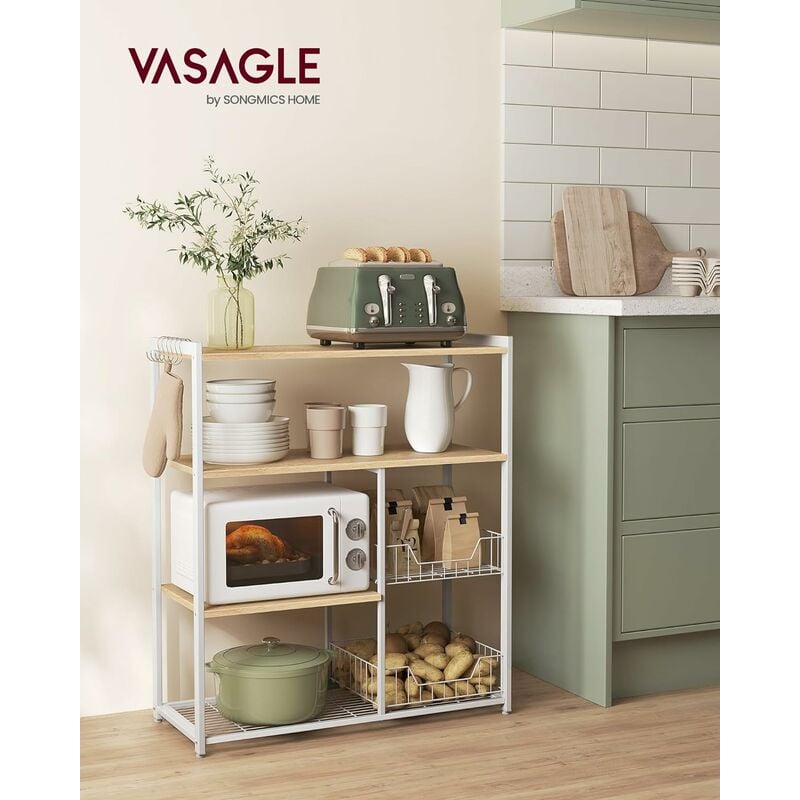 foto del prodotto vasagle scaffale per microonde con 2 cesti in rete metallica, scaffale da cucina con piano d appoggio, ripiani e ganci, 35 x 80 x 95 cm, noce medio