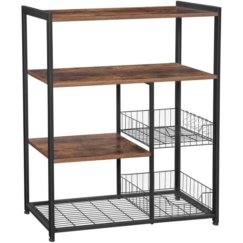 foto del prodotto vasagle scaffale per microonde con 2 cesti in rete metallica, scaffale da cucina con piano d appoggio, ripiani e ganci, 80 x 35 x 95 cm, marrone