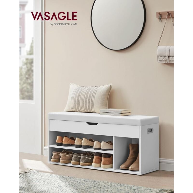 foto del prodotto vasagle scarpiera panca ingresso, panca contenitore con cuscino imbottito, 3 scomparti, ripiani, soggiorno corridoio camera da letto, portata 136
