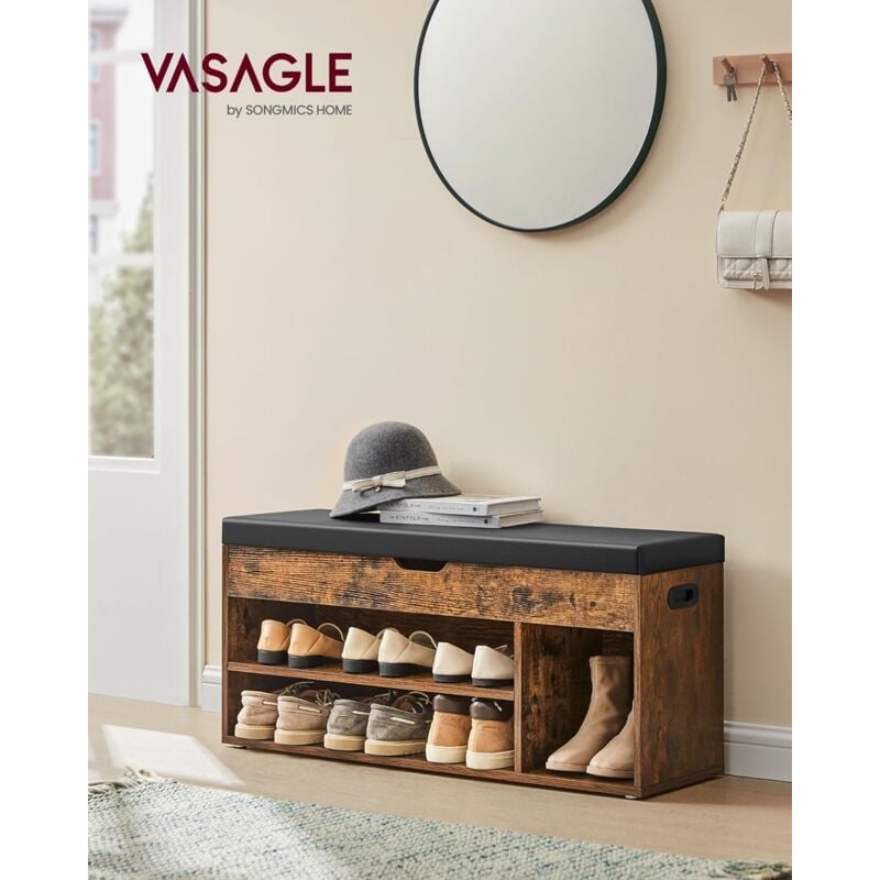 foto del prodotto vasagle scarpiera panca ingresso, panca contenitore con cuscino imbottito, 3 scomparti, ripiani, soggiorno corridoio camera da letto, portata 136