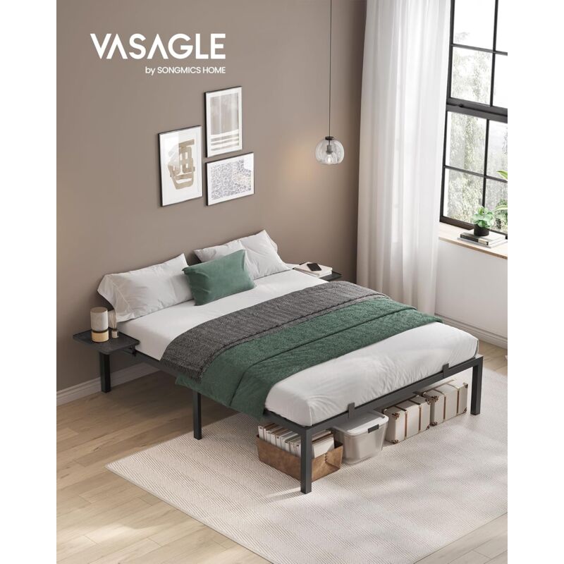 foto del prodotto vasagle struttura letto matrimoniale, telaio letto, letto a doghe in metallo, con ripiani portaoggetti, letto ospiti, per materassi da 160 x 200