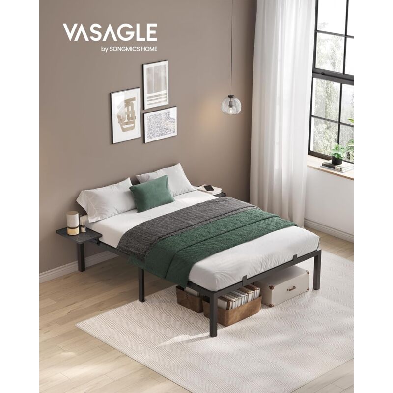 foto del prodotto vasagle struttura letto matrimoniale, telaio letto, letto a doghe in metallo, con ripiani portaoggetti, letto ospiti, per materassi da 190 x 140