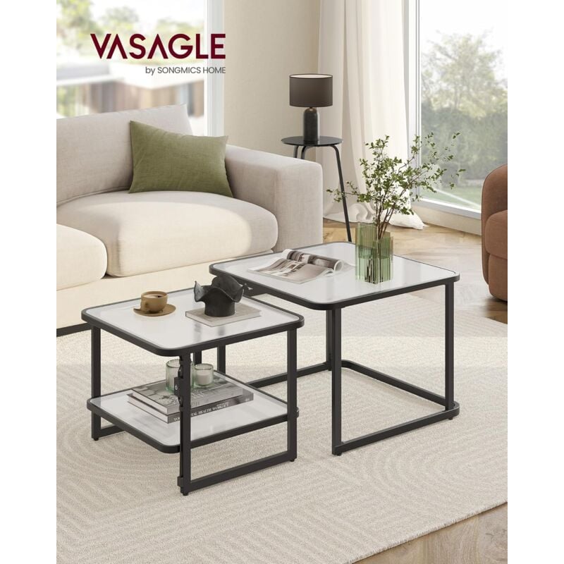 foto del prodotto vasagle tavolini da salotto, set di 2 tavolini ad incastro con luci led, tavolini quadrati moderni, vetro smerigliato, ripiano, soggiorno camera da